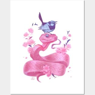 Pink snake and bird Posters and Art